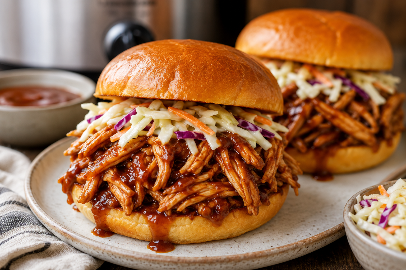 Tender Slow Cooker BBQ Chicken served on toasted brioche buns with coleslaw.