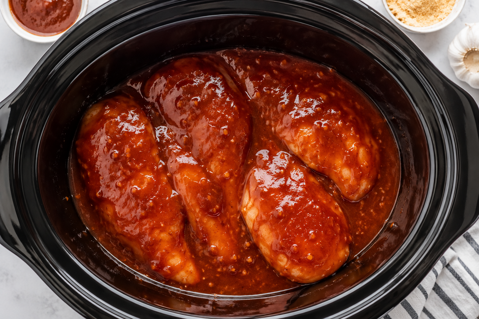 Chicken breasts covered with barbecue sauce in a slow cooker before cooking