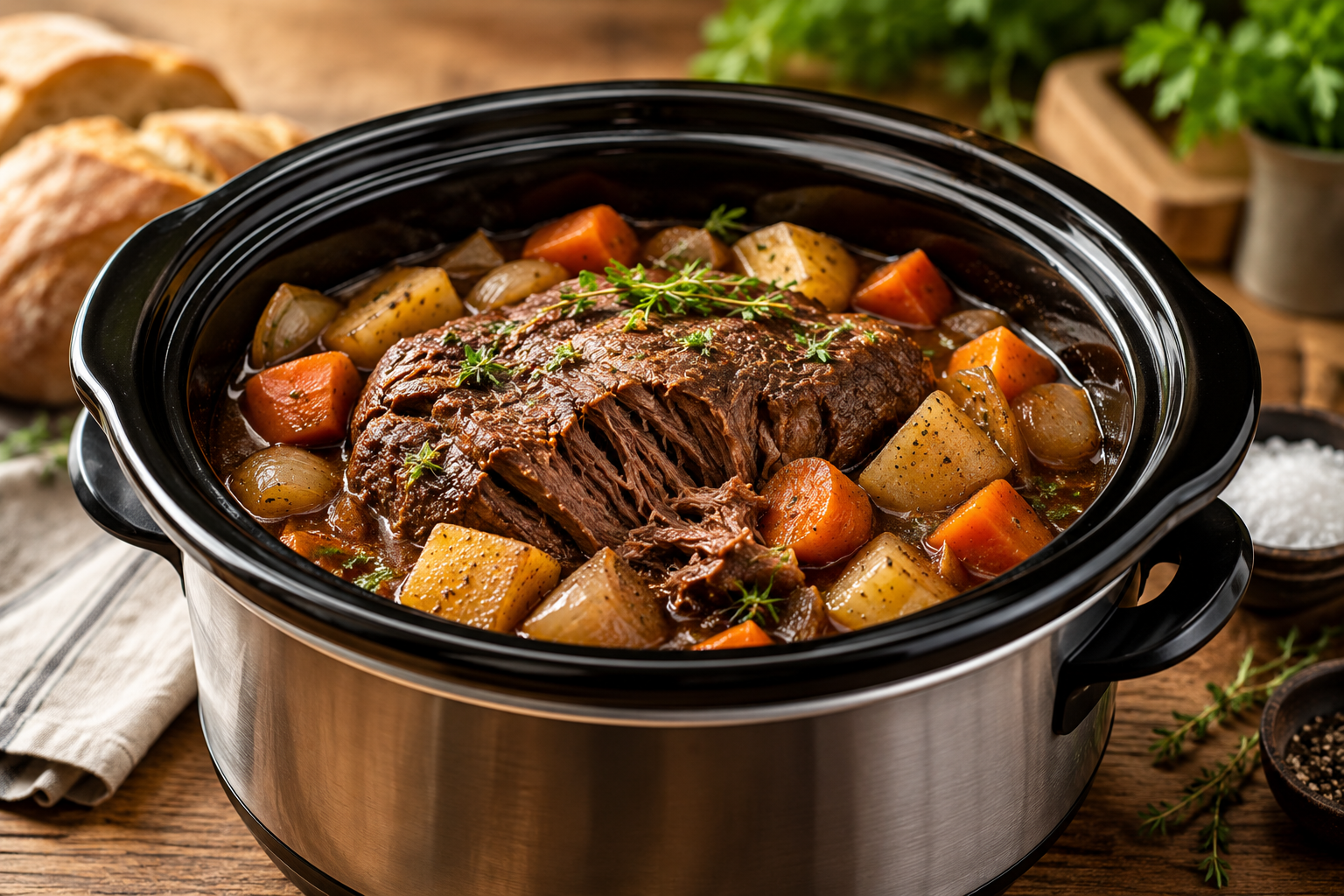A hearty crockpot beef meal prepared in a slow cooker
