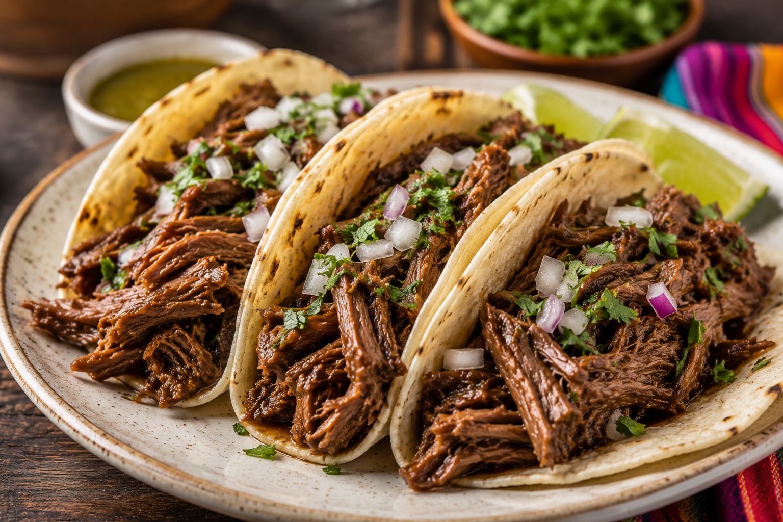 Crockpot shredded beef tacos with fresh toppings