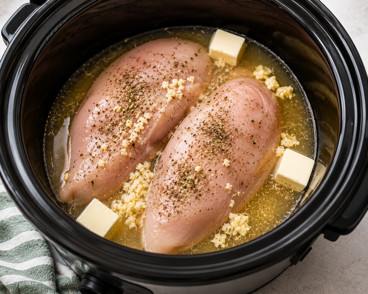 Seasoned chicken breasts, garlic, broth, and butter in a slow cooker before cooking