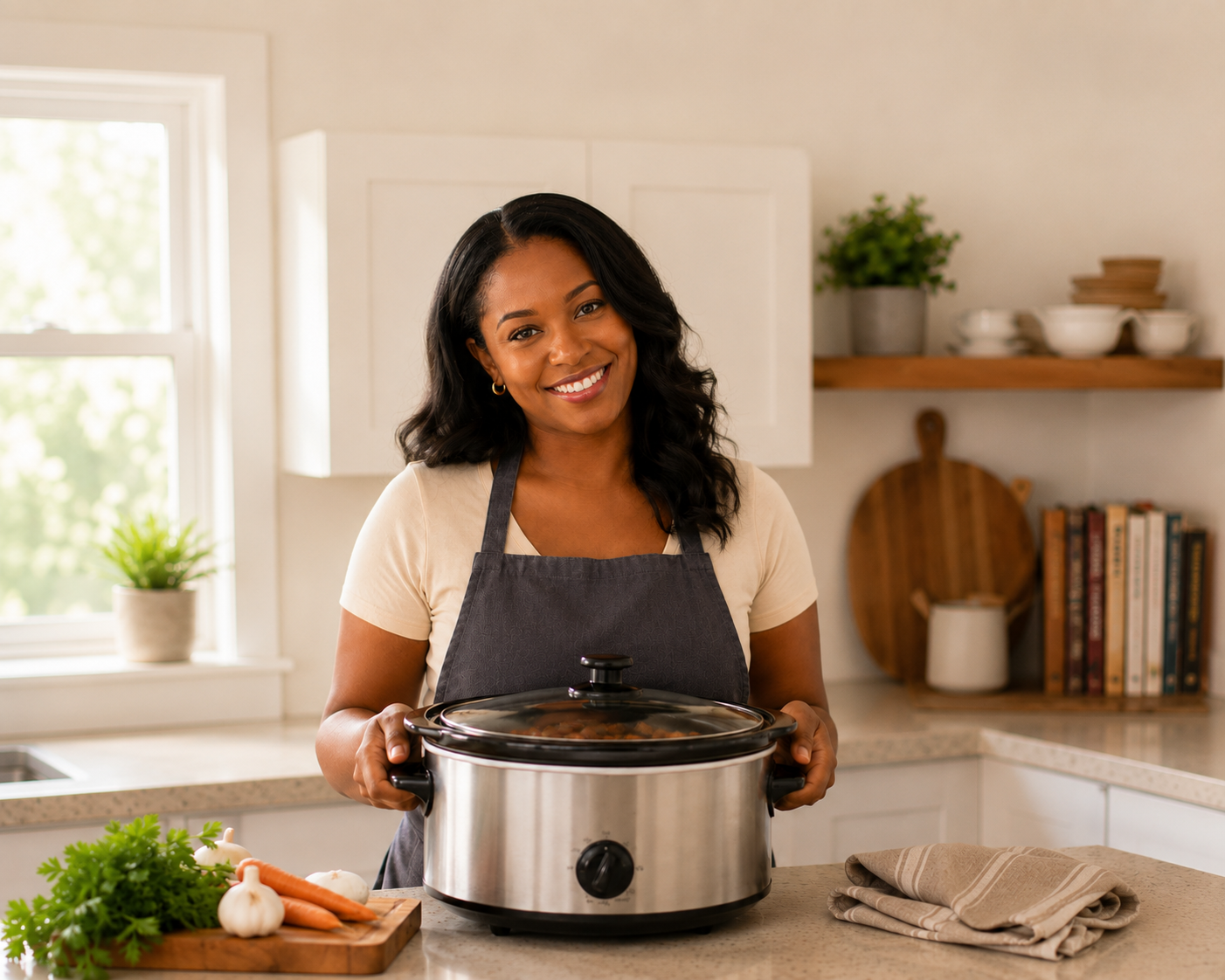 A welcoming home cook holding a slow cooker in a bright kitchen