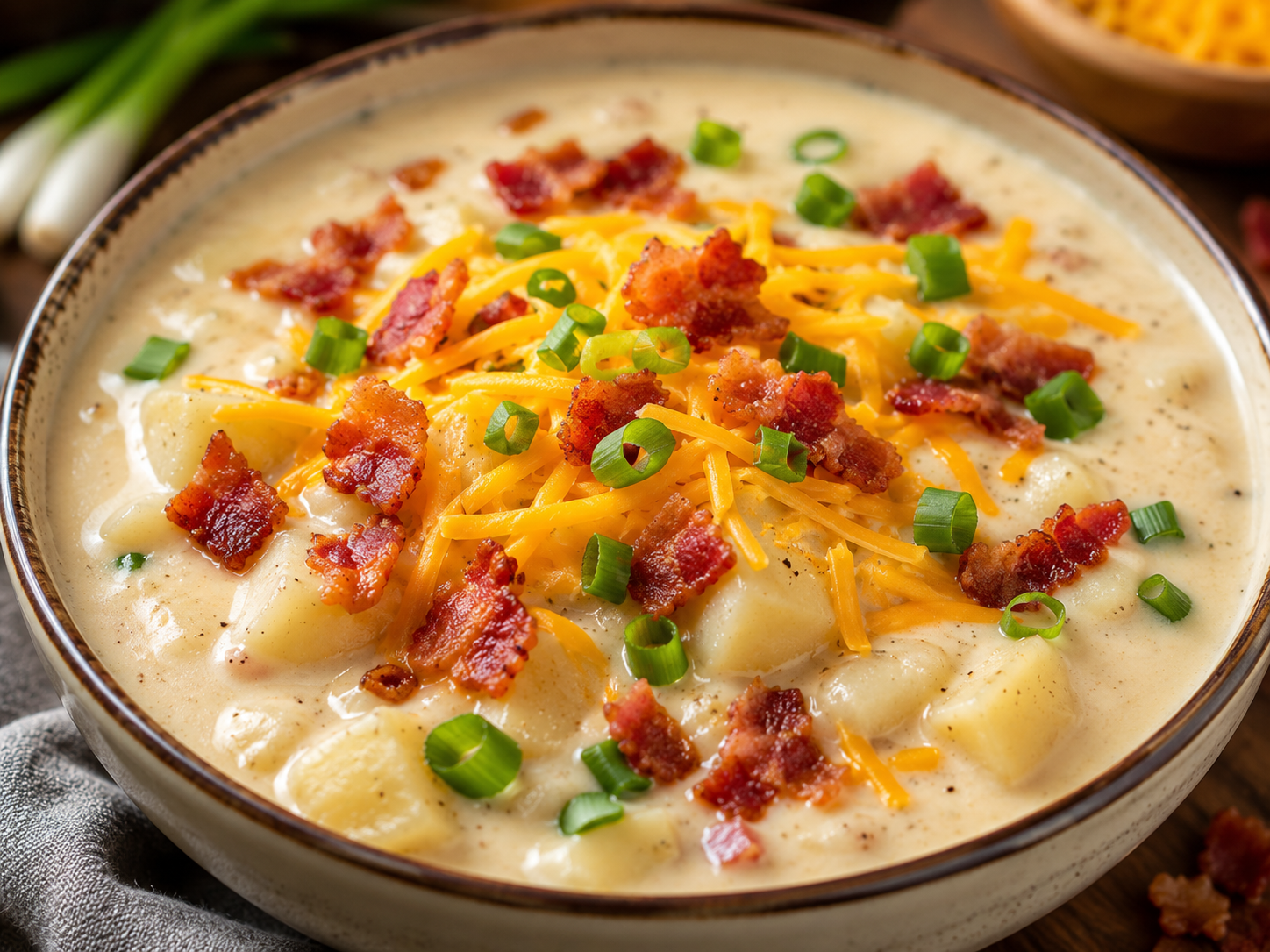 Creamy slow cooker potato soup topped with cheddar cheese, bacon, and green onions
