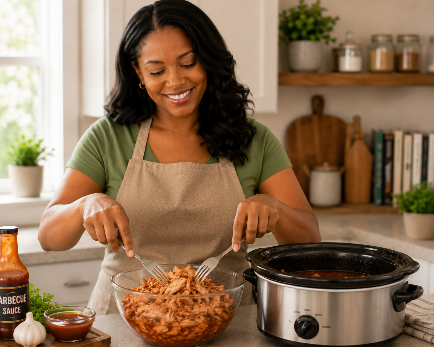 Shredded BBQ chicken being stirred into barbecue sauce inside the slow cooker