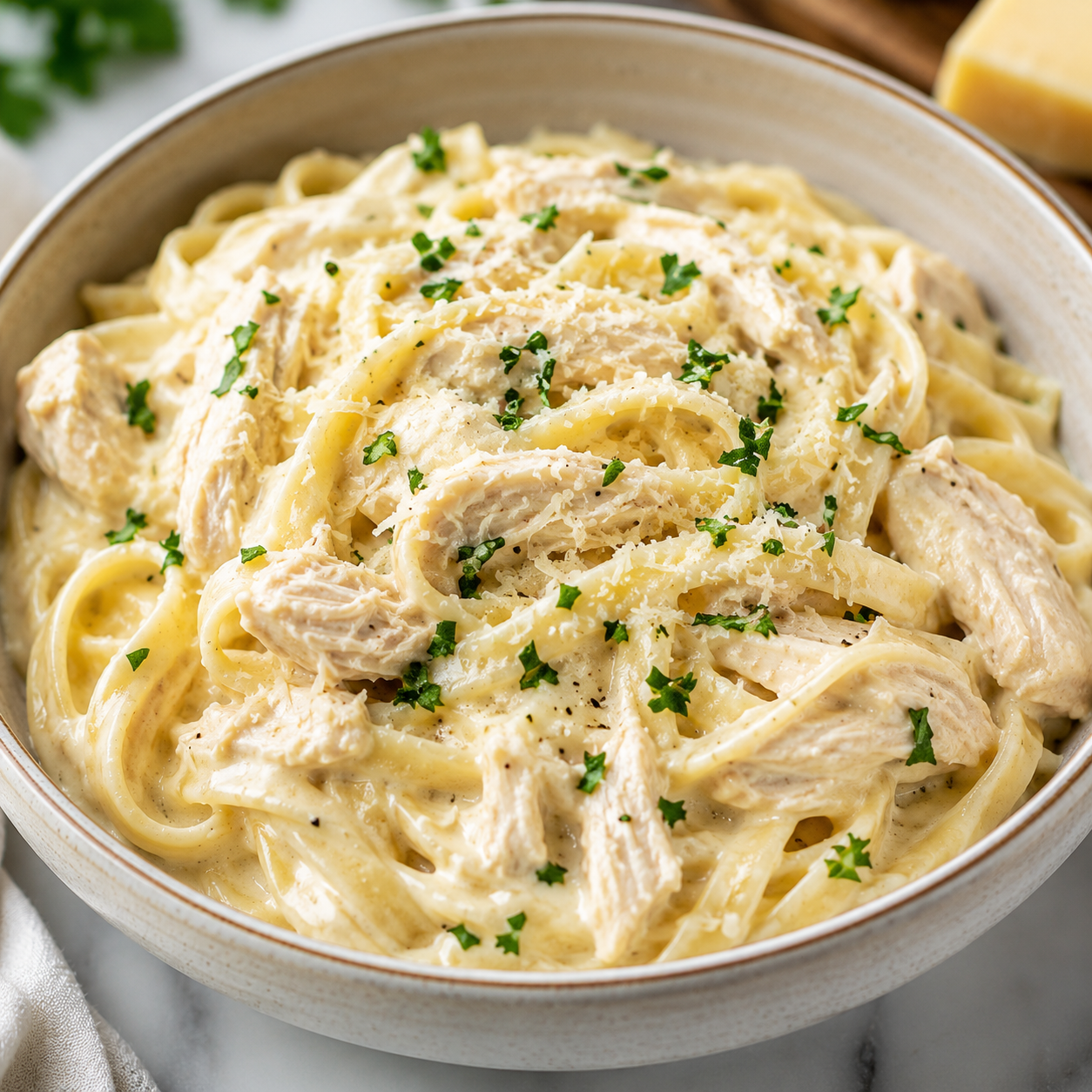Creamy Slow Cooker Chicken Alfredo served over fettuccine with Parmesan and parsley