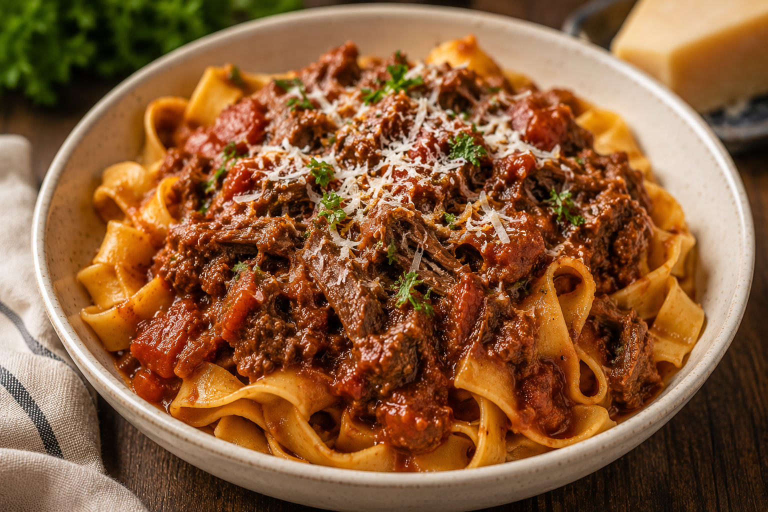 Slow cooker beef ragu served over pasta