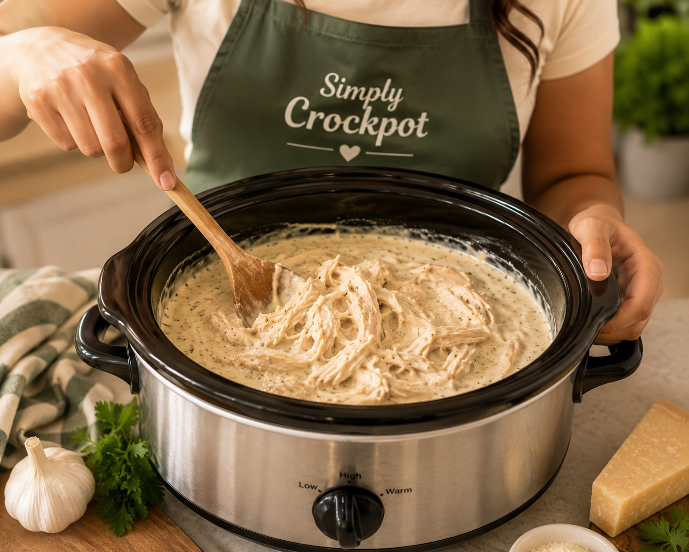 Shredded chicken being stirred into creamy Alfredo sauce inside a slow cooker