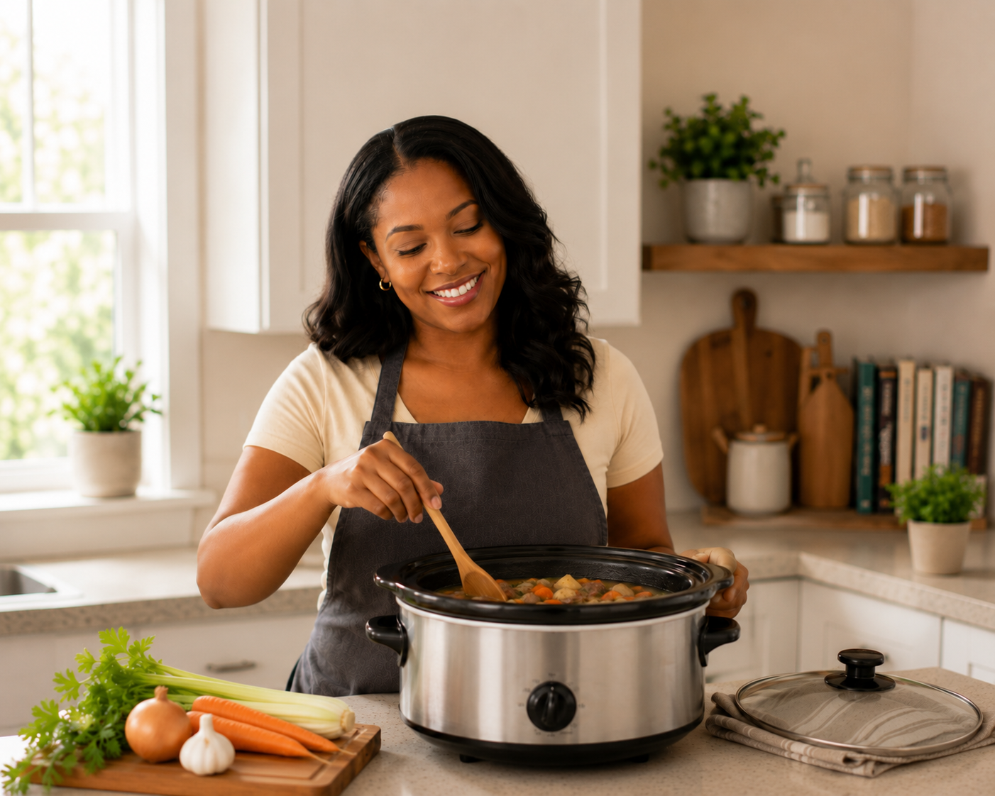 A home cook stirring a chicken meal in a slow cooker