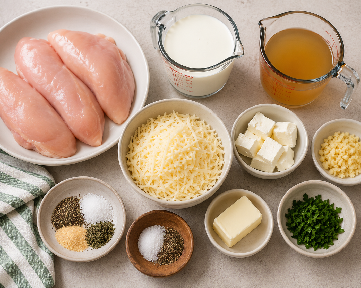Chicken breasts, heavy cream, Parmesan cheese, garlic, cream cheese, broth, and seasonings prepared for Slow Cooker Chicken Alfredo